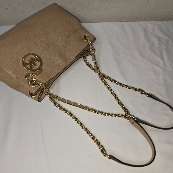 Michael Kors Jet Set Gold Chain Beige Pebble Grain Leather Medium Shoulder Bag - Picture 12 of 14